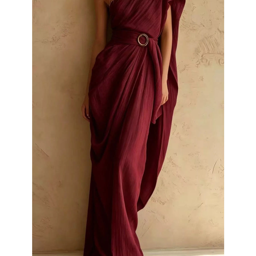 One-Shoulder Draped Maxi Dress with Waist Buckle Apparel and Accessories