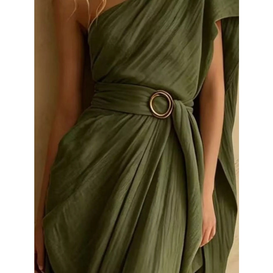 One-Shoulder Draped Maxi Dress with Waist Buckle Apparel and Accessories