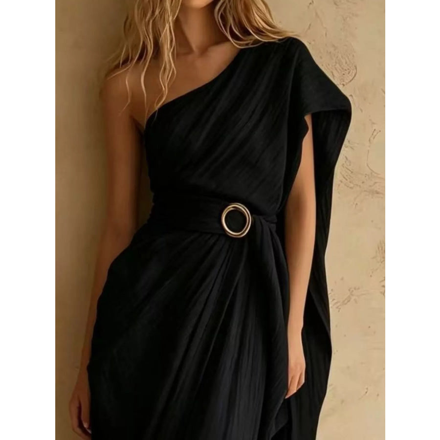 One-Shoulder Draped Maxi Dress with Waist Buckle Apparel and Accessories