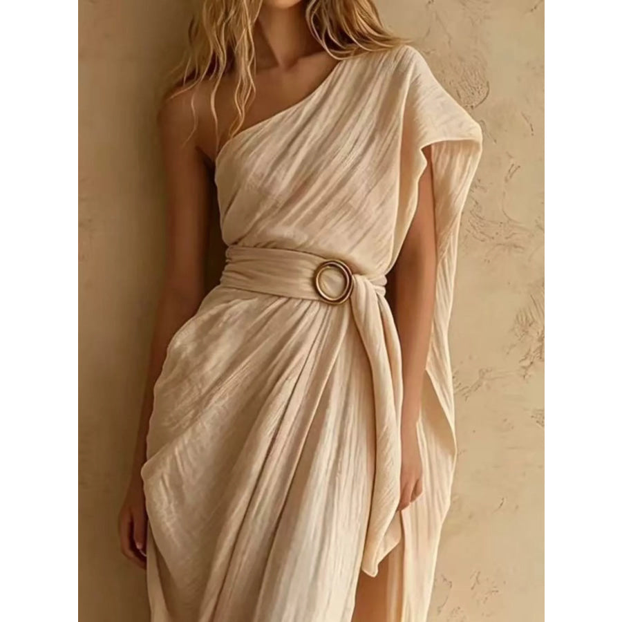 One-Shoulder Draped Maxi Dress with Waist Buckle Apparel and Accessories