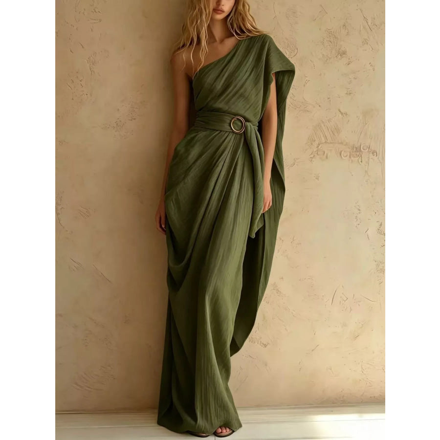 One-Shoulder Draped Maxi Dress with Waist Buckle Army Green / S Apparel and Accessories