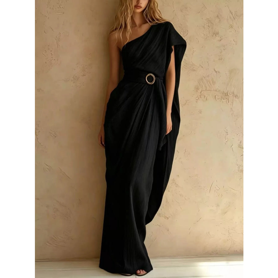 One-Shoulder Draped Maxi Dress with Waist Buckle Black / S Apparel and Accessories