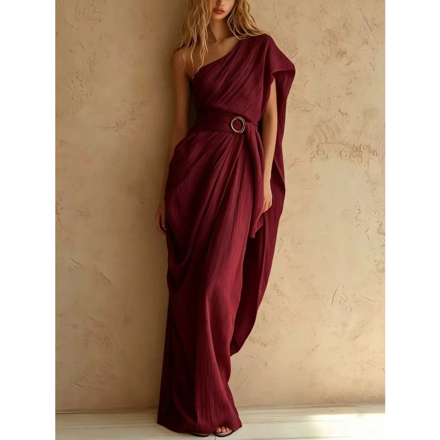 One-Shoulder Draped Maxi Dress with Waist Buckle Burgundy / S Apparel and Accessories