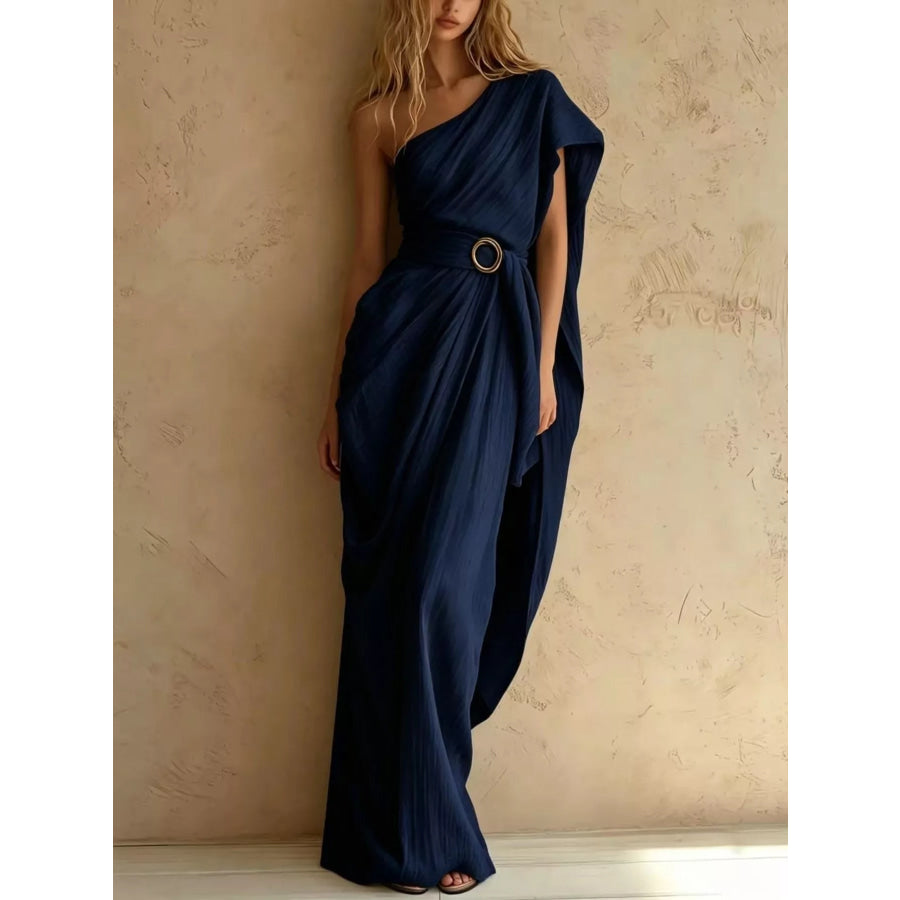 One-Shoulder Draped Maxi Dress with Waist Buckle Navy Blue / S Apparel and Accessories