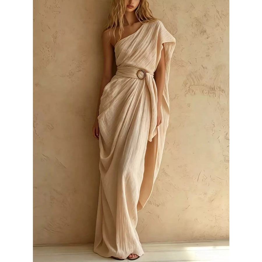 One-Shoulder Draped Maxi Dress with Waist Buckle Tan / S Apparel and Accessories