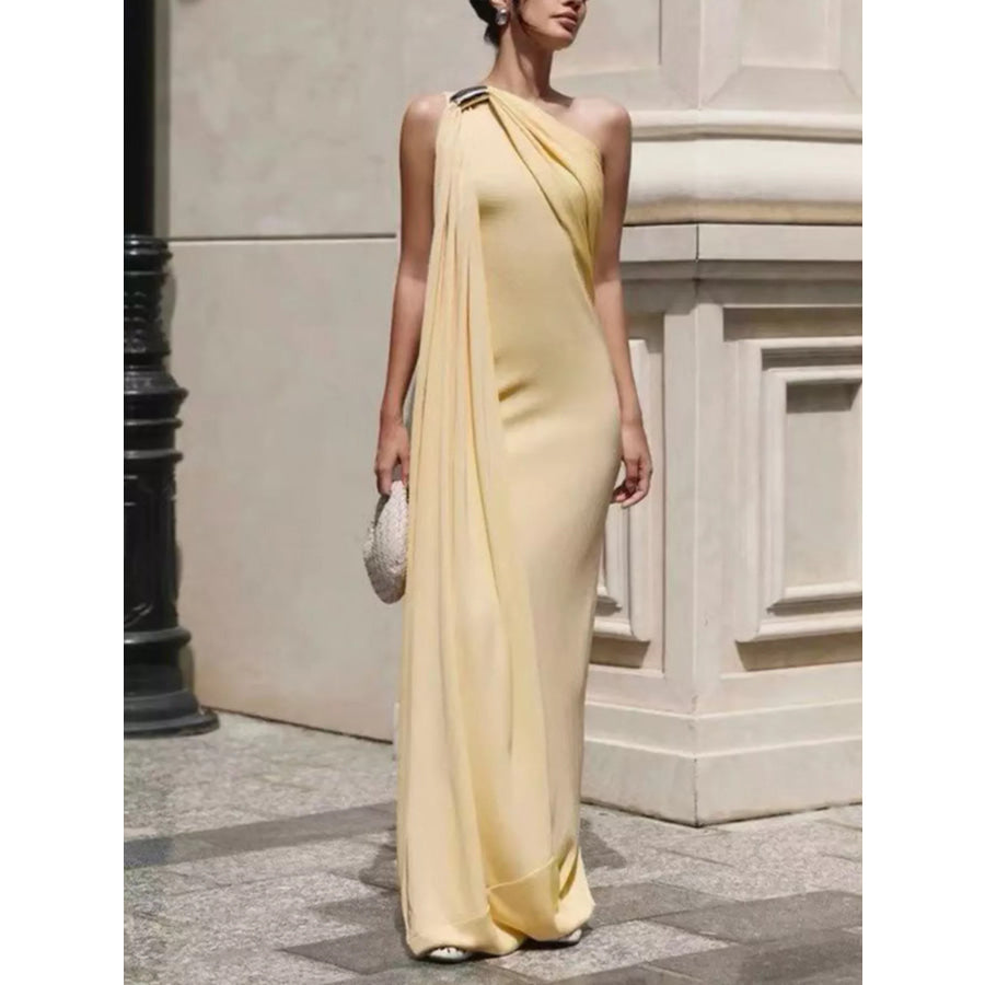 One-Shoulder Draped Maxi Dress Yellow / S Apparel and Accessories