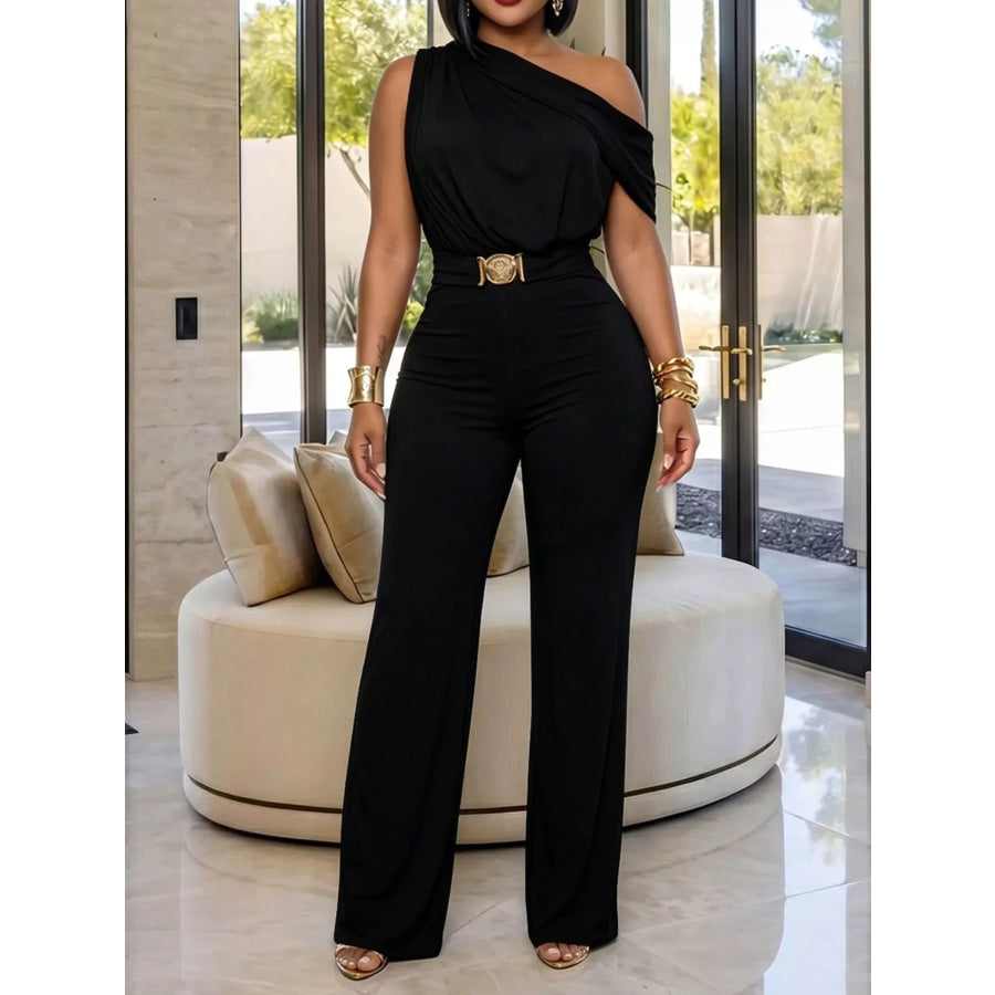 One-Shoulder Draped Wide Leg Jumpsuit Black / S Apparel and Accessories