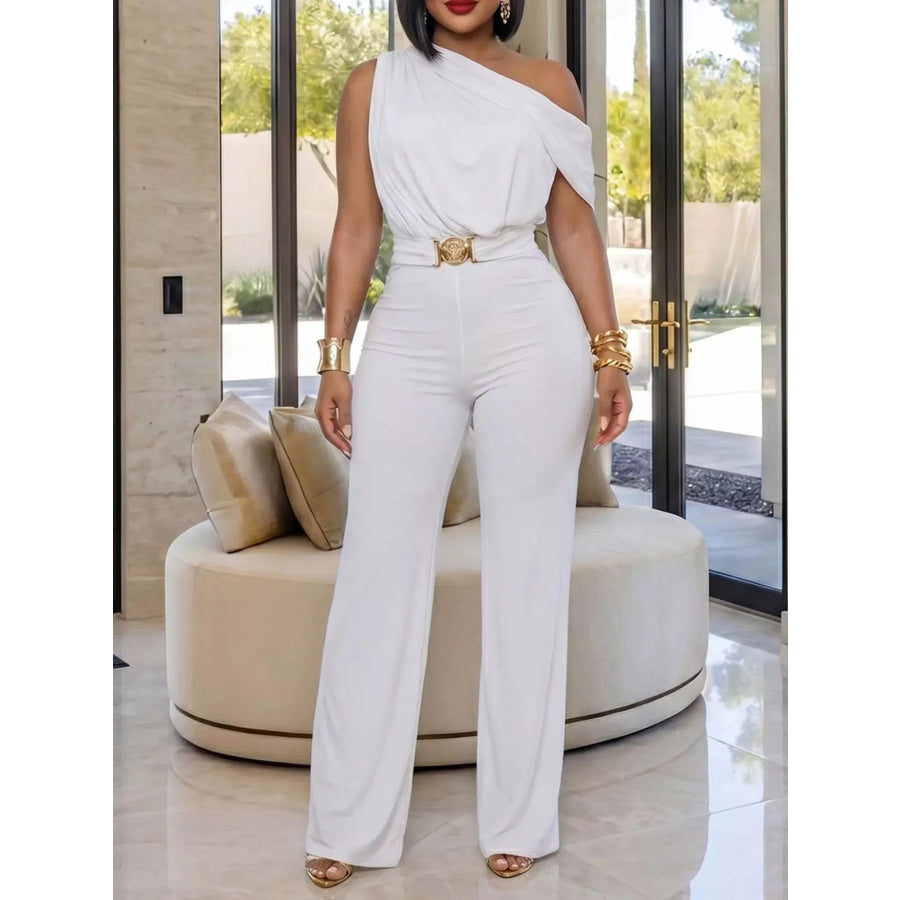 One-Shoulder Draped Wide Leg Jumpsuit White / S Apparel and Accessories