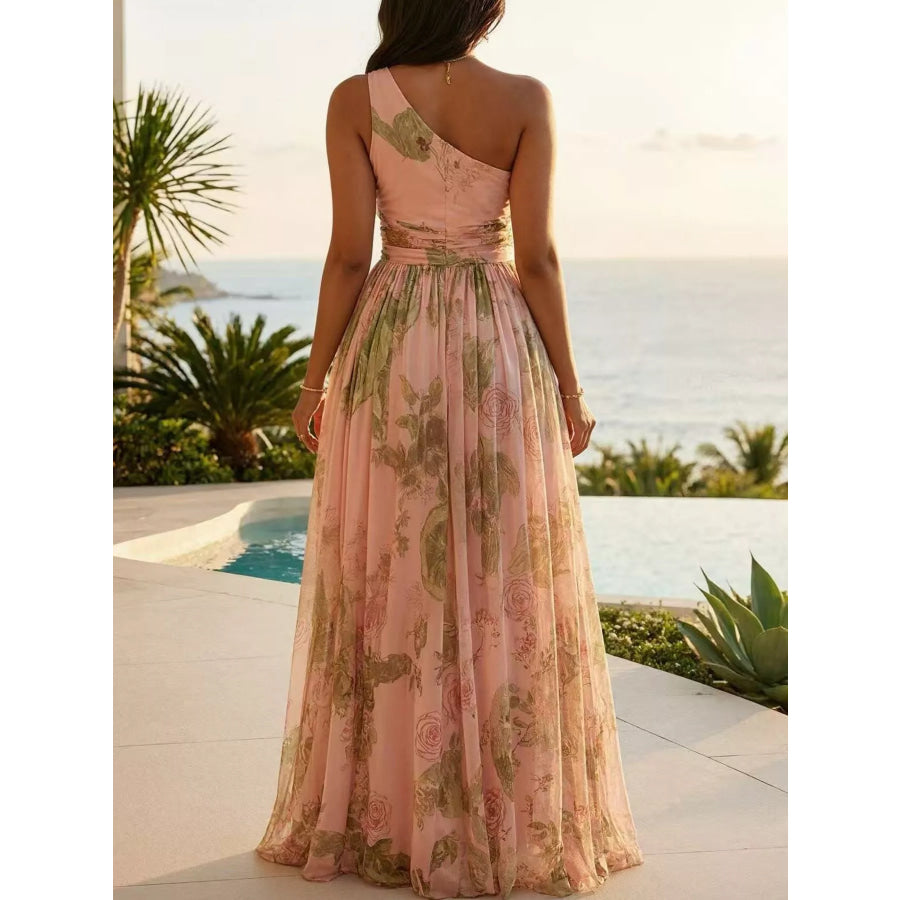 One-Shoulder Floral Chiffon Maxi Dress Apparel and Accessories