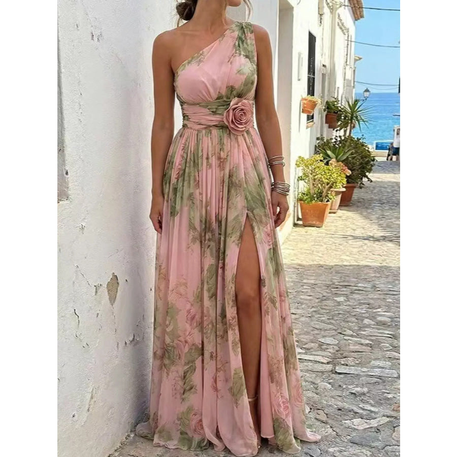 One-Shoulder Floral Chiffon Maxi Dress Pink / S Apparel and Accessories
