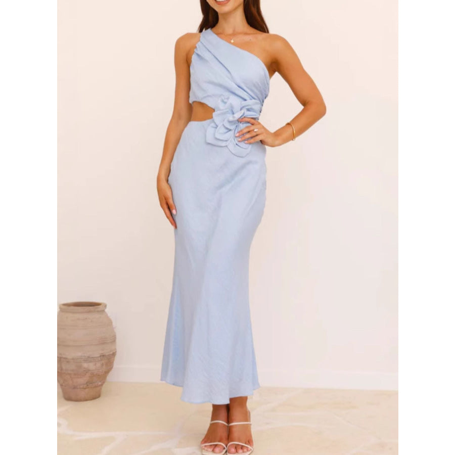 One-Shoulder Floral Cutout Dress Blue / S Apparel and Accessories