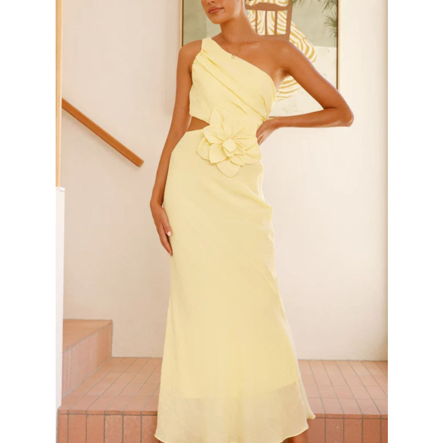One-Shoulder Floral Cutout Dress Yellow / S Apparel and Accessories