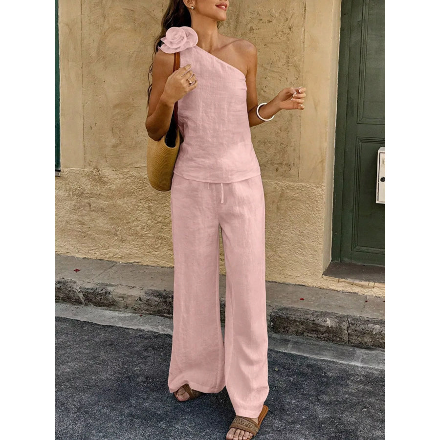 One-Shoulder Floral Embellished Top and Pants Set Apparel and Accessories