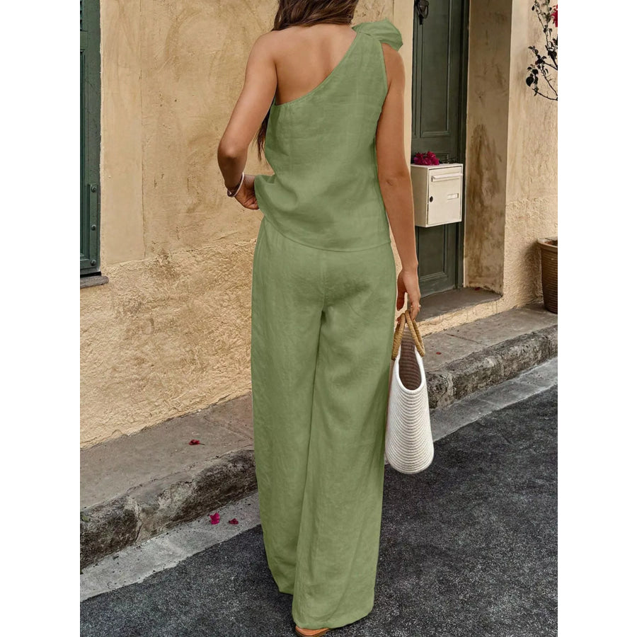 One-Shoulder Floral Embellished Top and Pants Set Apparel and Accessories