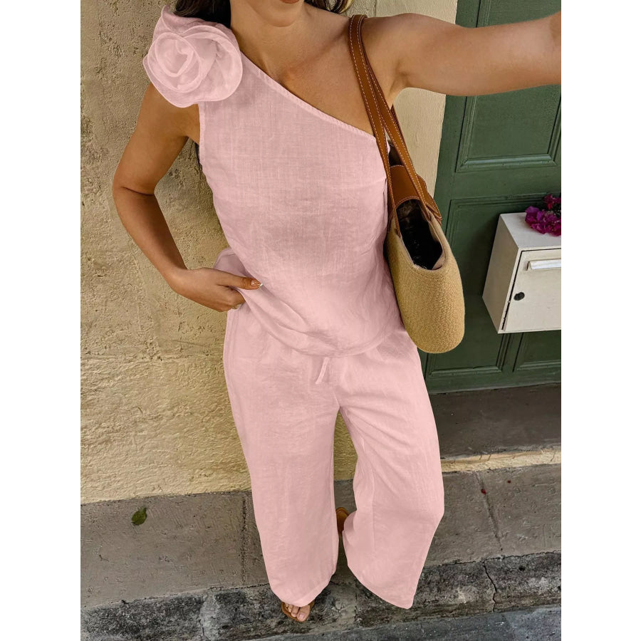 One-Shoulder Floral Embellished Top and Pants Set Apparel and Accessories