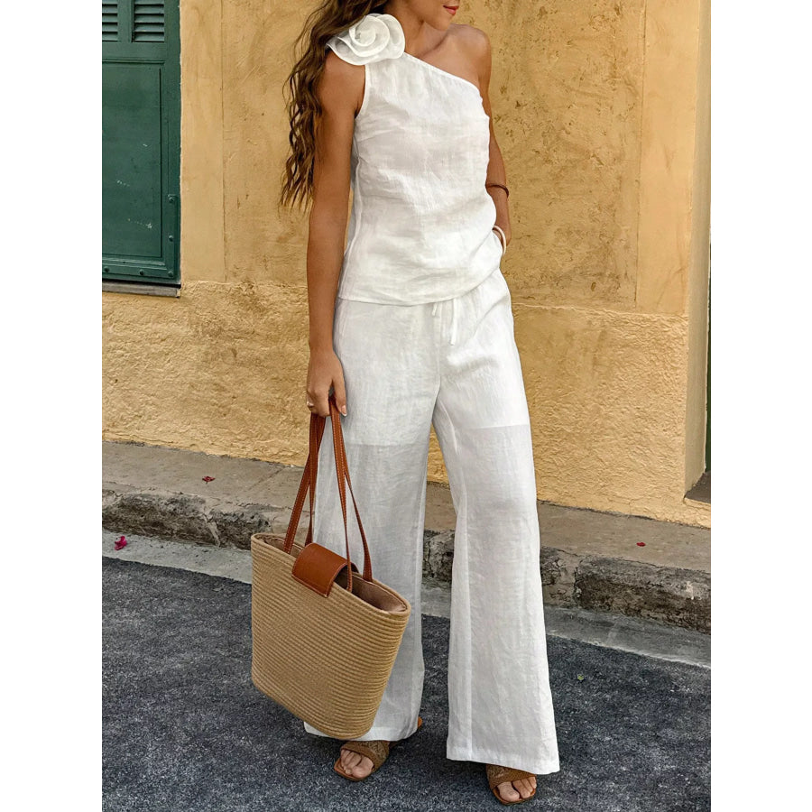 One-Shoulder Floral Embellished Top and Pants Set Apparel and Accessories