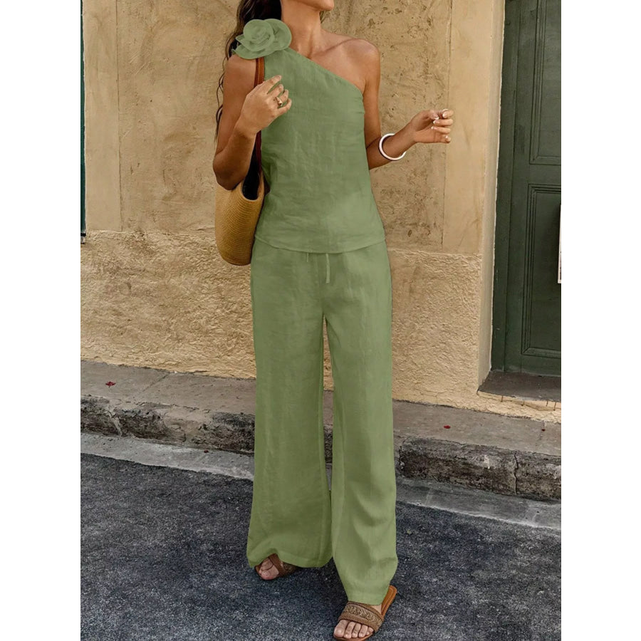 One-Shoulder Floral Embellished Top and Pants Set Apparel and Accessories
