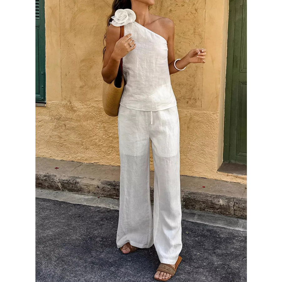 One-Shoulder Floral Embellished Top and Pants Set Apparel and Accessories