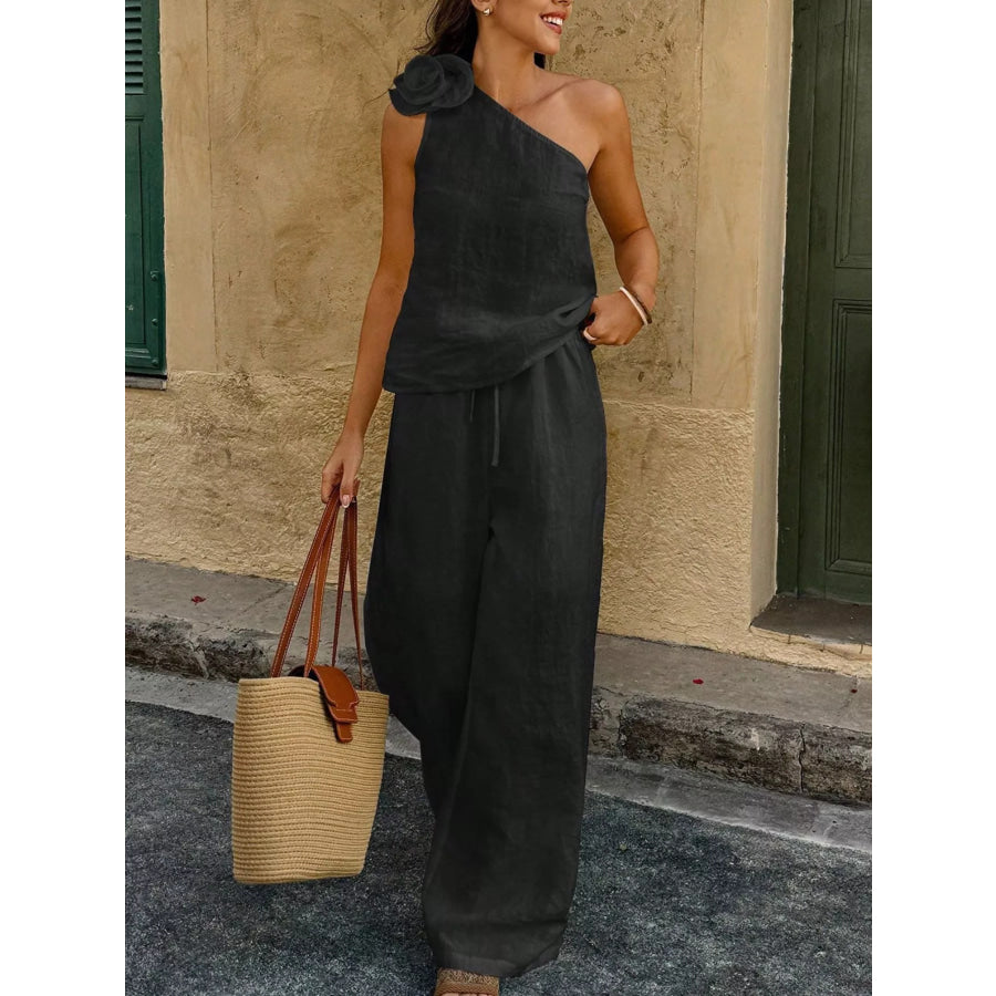One-Shoulder Floral Embellished Top and Pants Set Apparel and Accessories