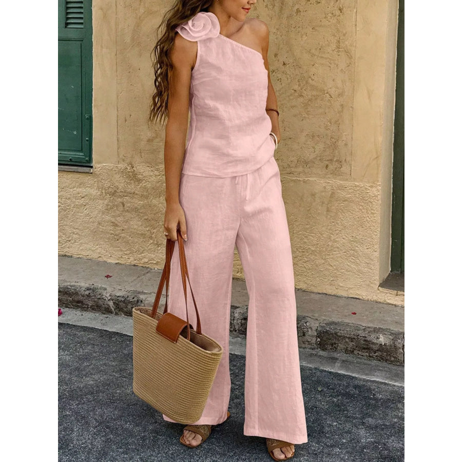 One-Shoulder Floral Embellished Top and Pants Set Apparel and Accessories
