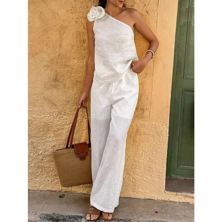 One-Shoulder Floral Embellished Top and Pants Set Apparel and Accessories