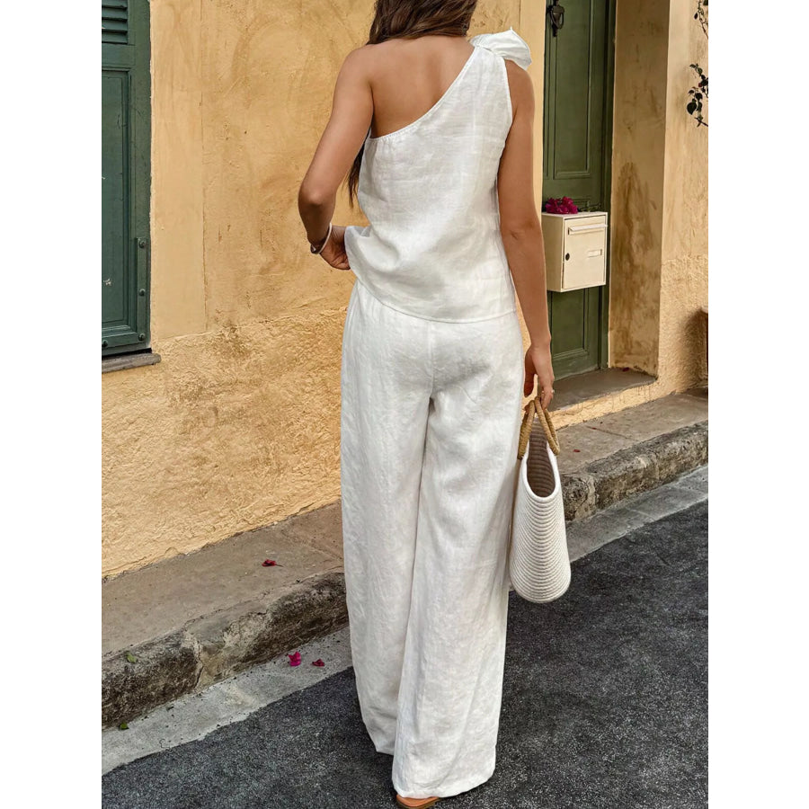 One-Shoulder Floral Embellished Top and Pants Set Apparel and Accessories