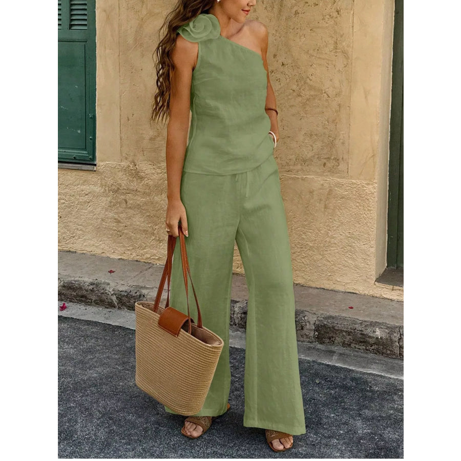 One-Shoulder Floral Embellished Top and Pants Set Apparel and Accessories