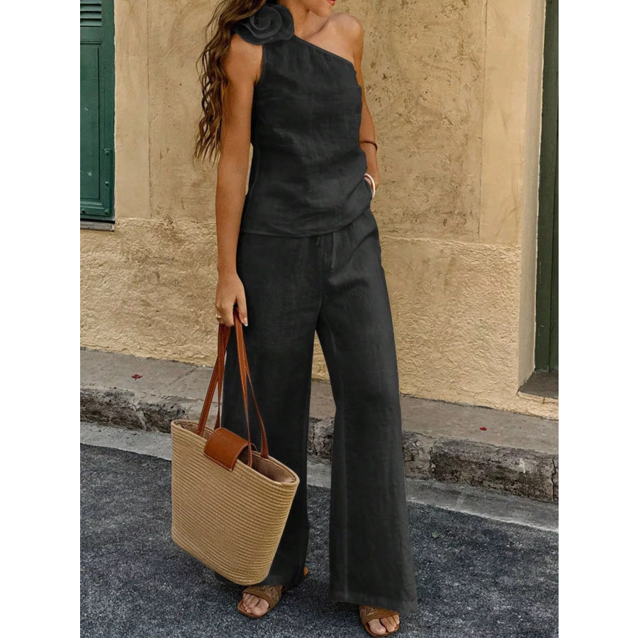 One-Shoulder Floral Embellished Top and Pants Set Apparel and Accessories