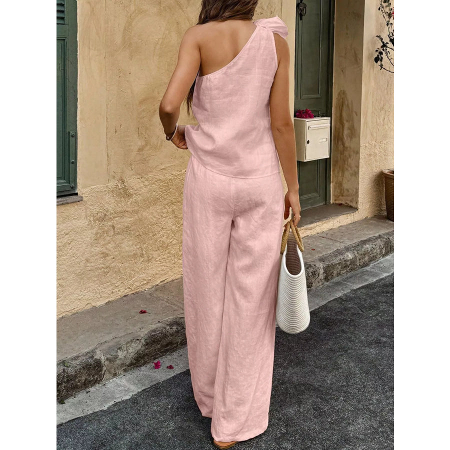 One-Shoulder Floral Embellished Top and Pants Set Apparel and Accessories