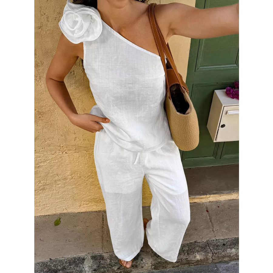One-Shoulder Floral Embellished Top and Pants Set Apparel and Accessories
