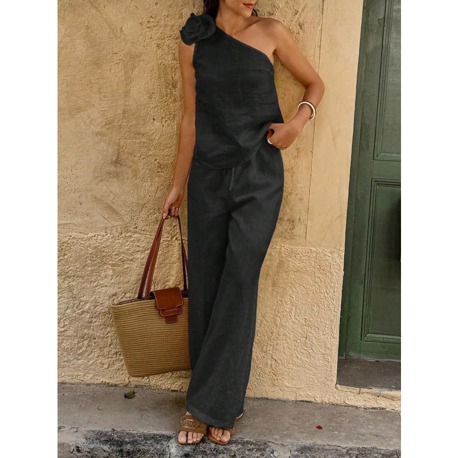 One-Shoulder Floral Embellished Top and Pants Set Black / S Apparel and Accessories