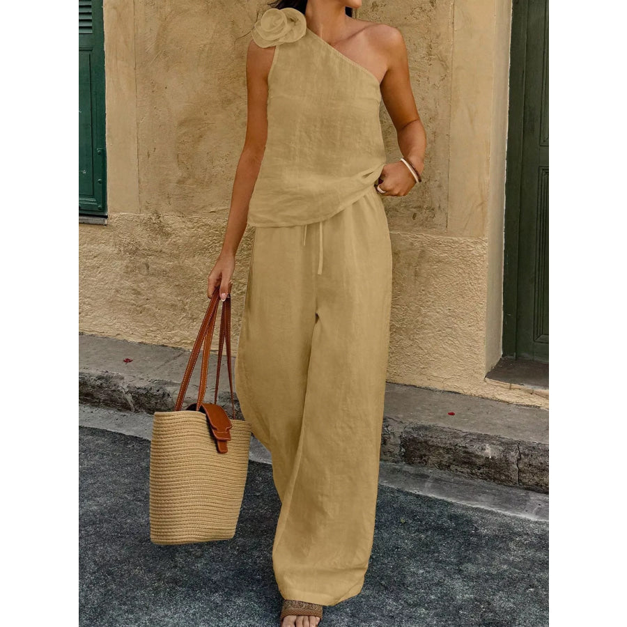 One-Shoulder Floral Embellished Top and Pants Set Earthy Yellow / S Apparel and Accessories