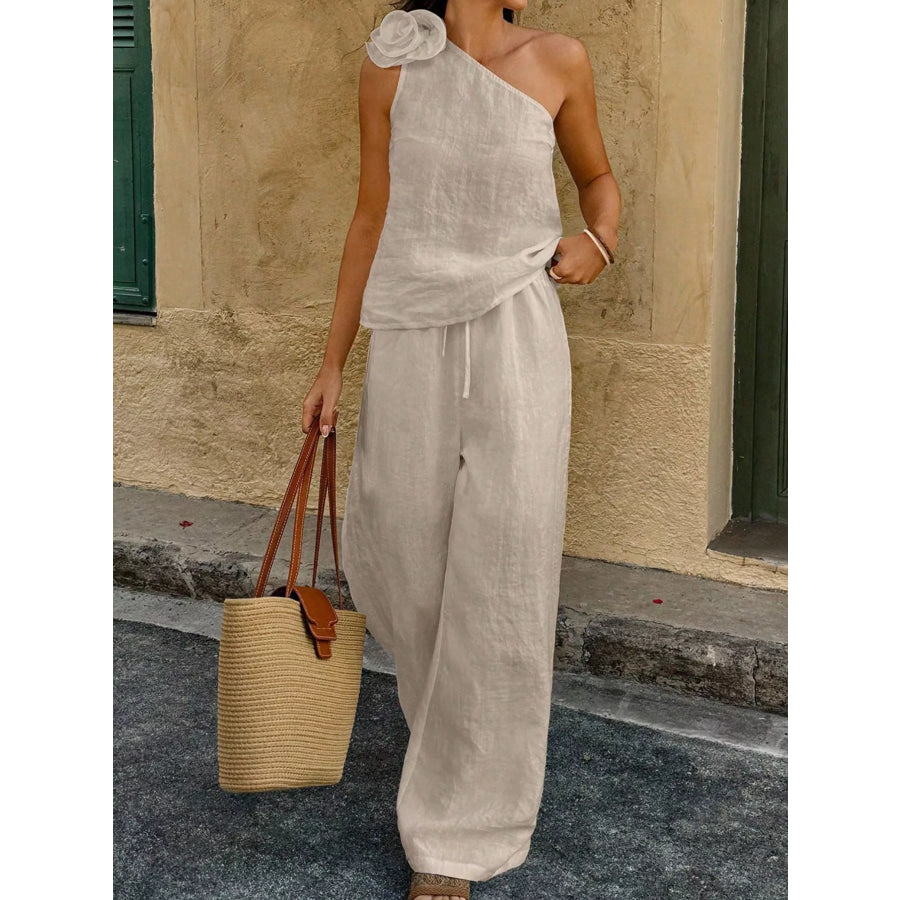 One-Shoulder Floral Embellished Top and Pants Set Light Brown / S Apparel and Accessories