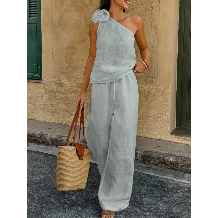 One-Shoulder Floral Embellished Top and Pants Set Light Green / S Apparel and Accessories