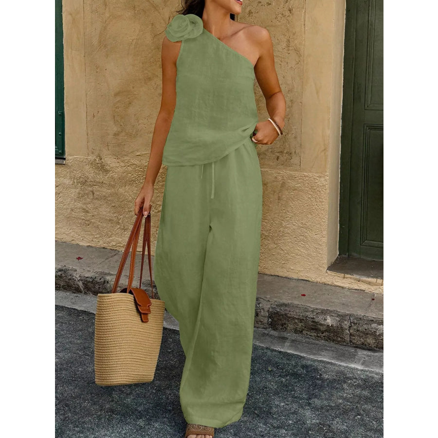 One-Shoulder Floral Embellished Top and Pants Set Mint Green / S Apparel and Accessories