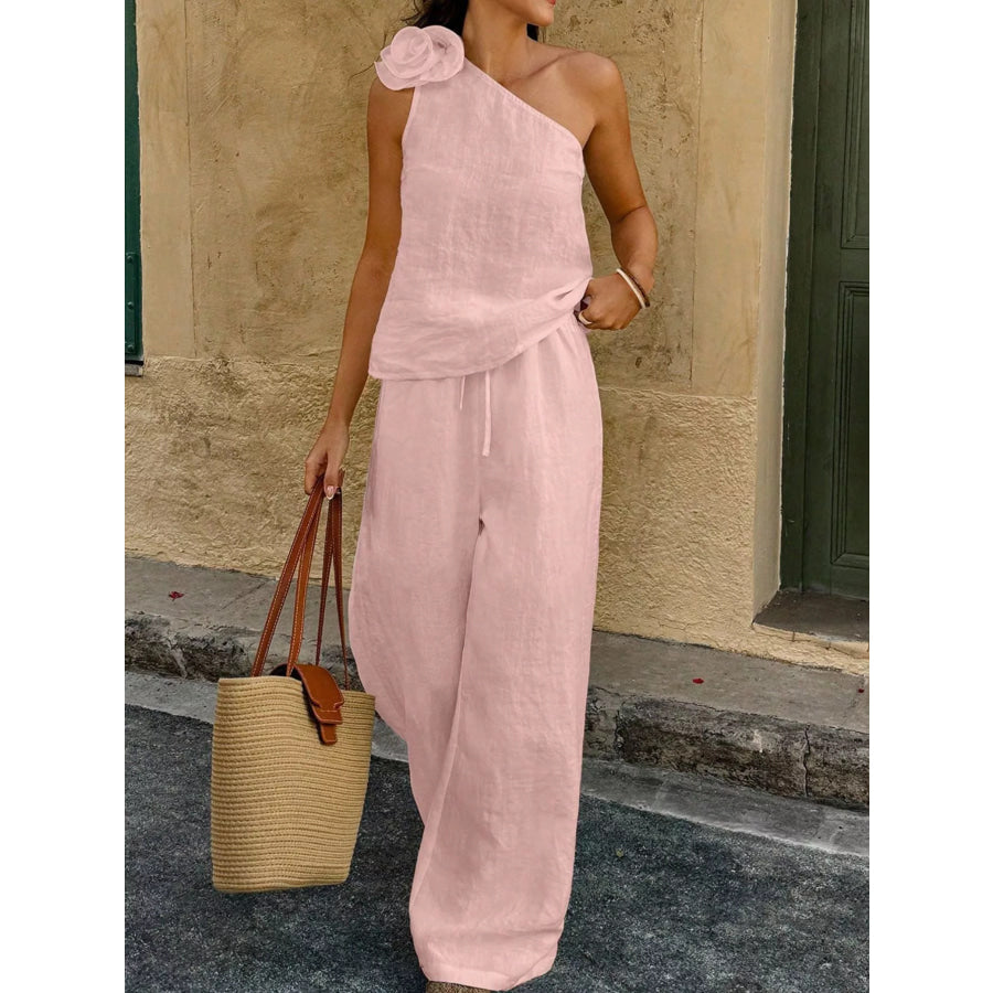 One-Shoulder Floral Embellished Top and Pants Set Pink / S Apparel and Accessories
