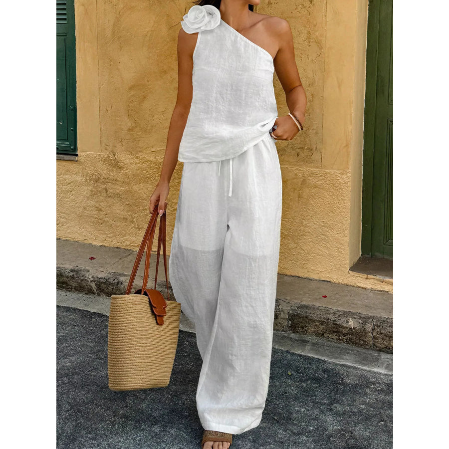 One-Shoulder Floral Embellished Top and Pants Set White / S Apparel and Accessories