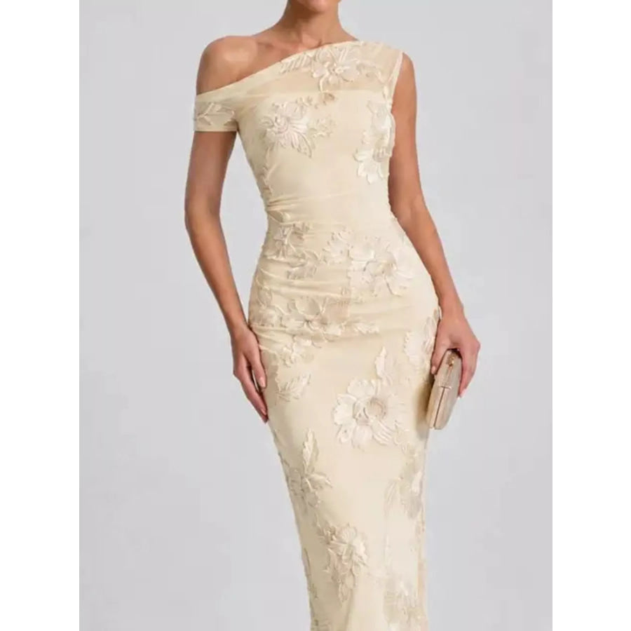 One-Shoulder Floral Embroidered Maxi Dress Apparel and Accessories