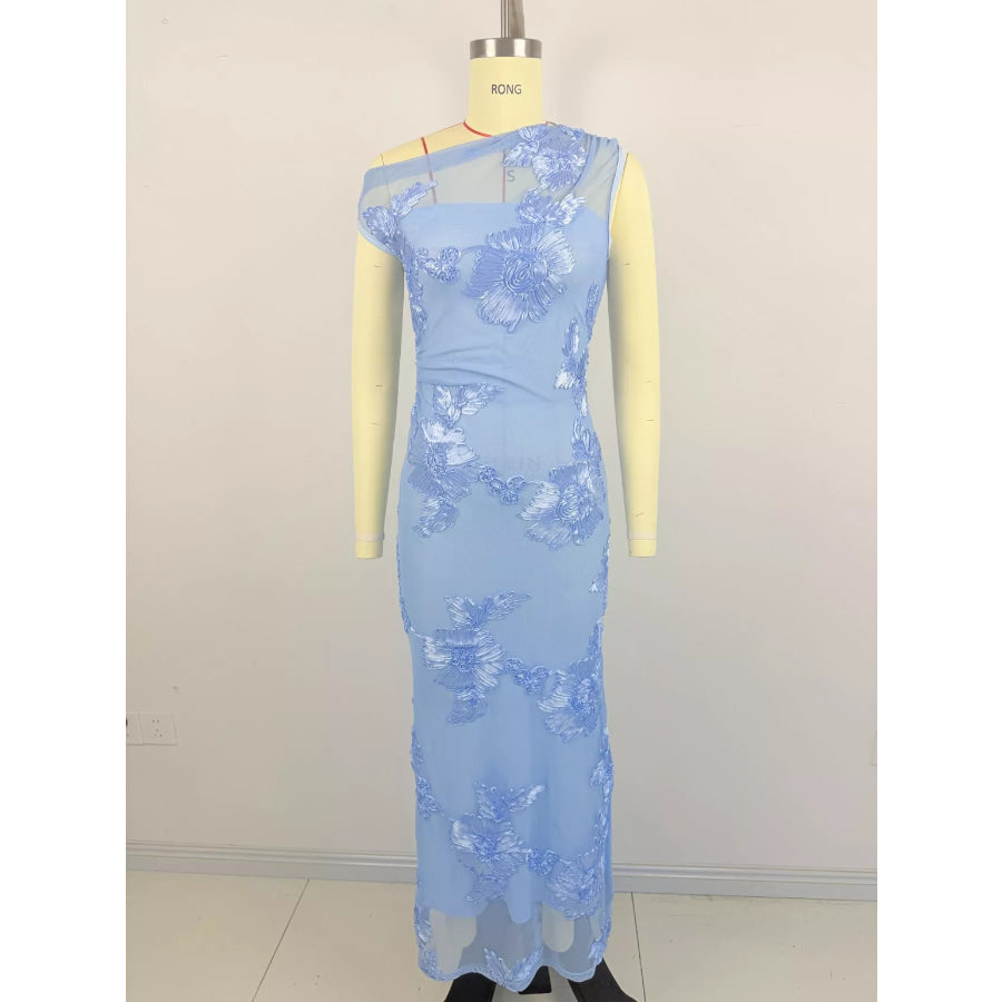 One-Shoulder Floral Embroidered Maxi Dress Apparel and Accessories