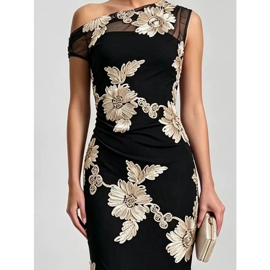 One-Shoulder Floral Embroidered Maxi Dress Apparel and Accessories