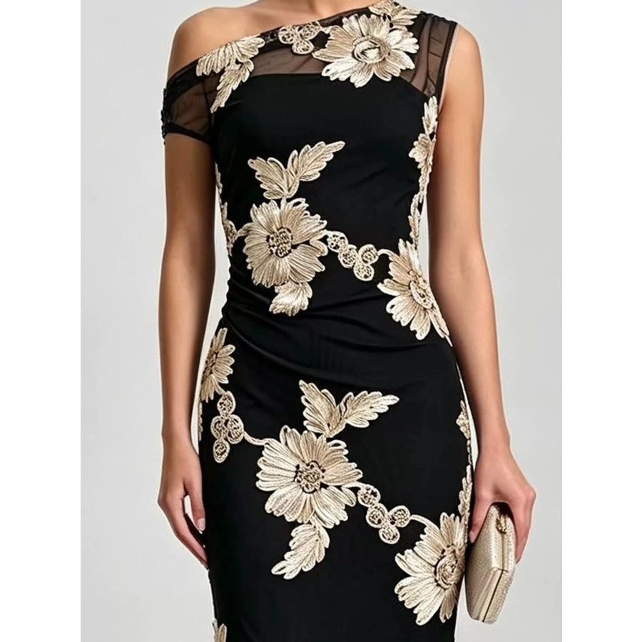 One-Shoulder Floral Embroidered Maxi Dress Apparel and Accessories