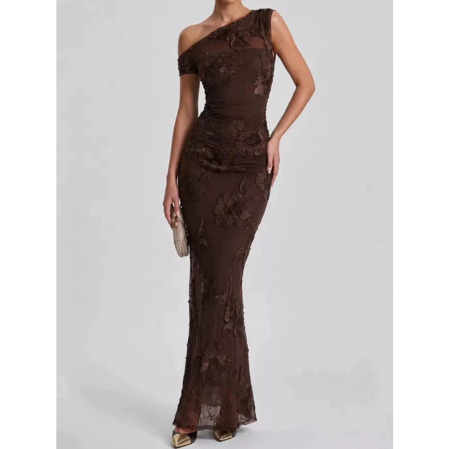 One-Shoulder Floral Embroidered Maxi Dress Apparel and Accessories