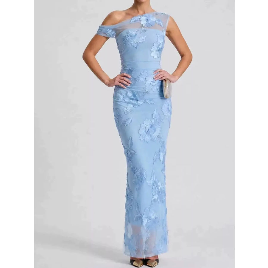 One-Shoulder Floral Embroidered Maxi Dress Apparel and Accessories