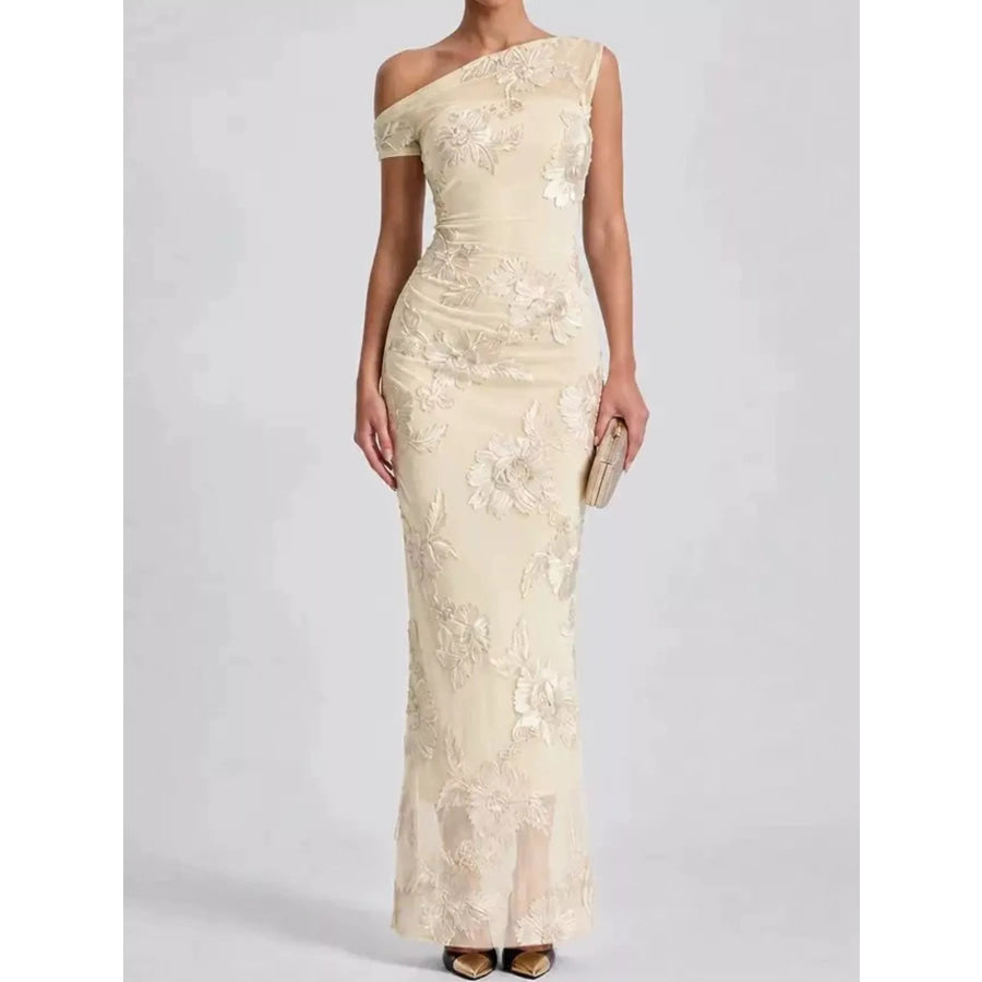 One-Shoulder Floral Embroidered Maxi Dress Apricot-Double-Sided Embroidery / S Apparel and Accessories