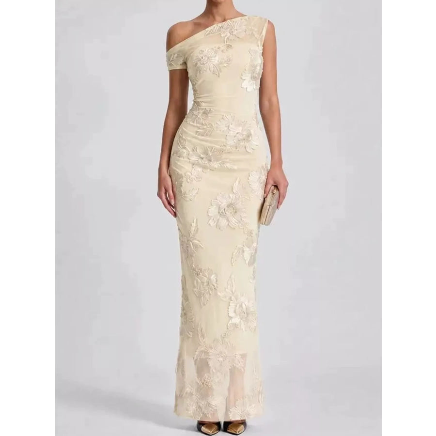 One-Shoulder Floral Embroidered Maxi Dress Apricot / S Apparel and Accessories