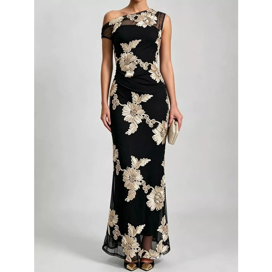 One-Shoulder Floral Embroidered Maxi Dress Black-Double-Sided Embroidery / S Apparel and Accessories