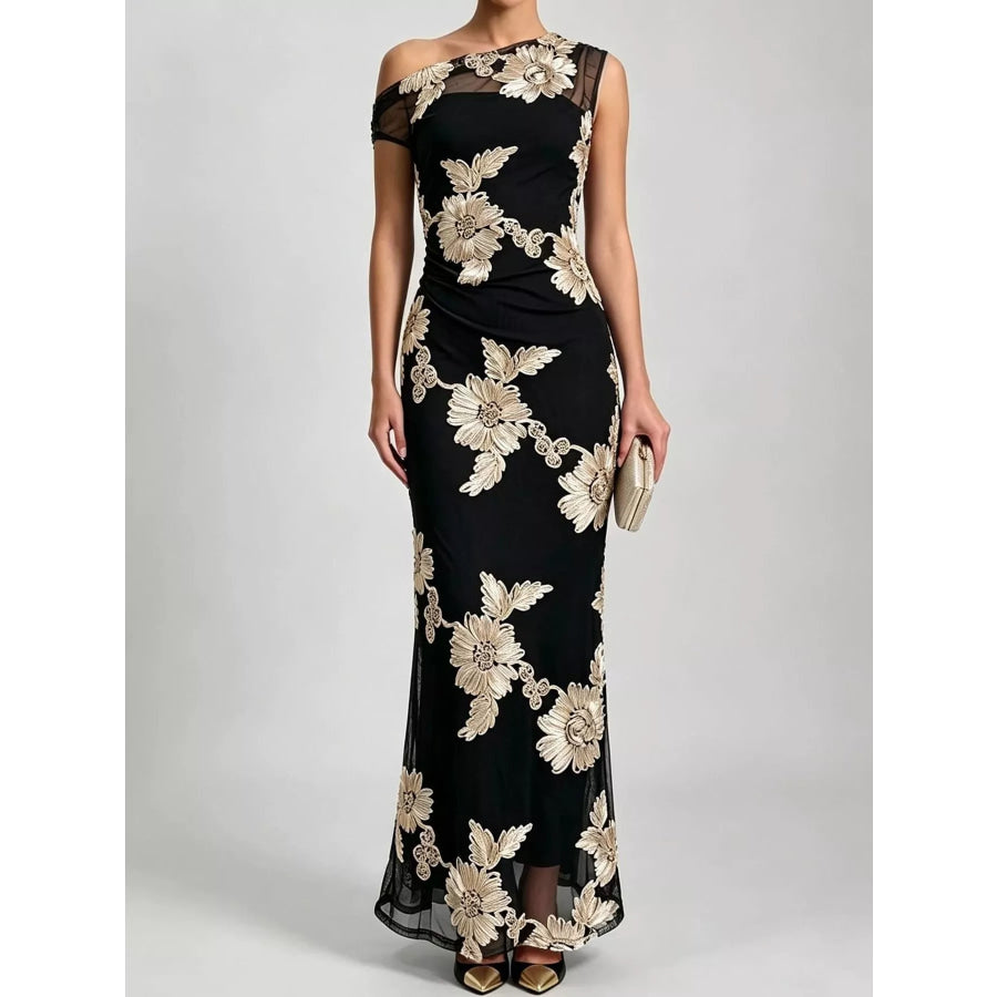One-Shoulder Floral Embroidered Maxi Dress Black / S Apparel and Accessories