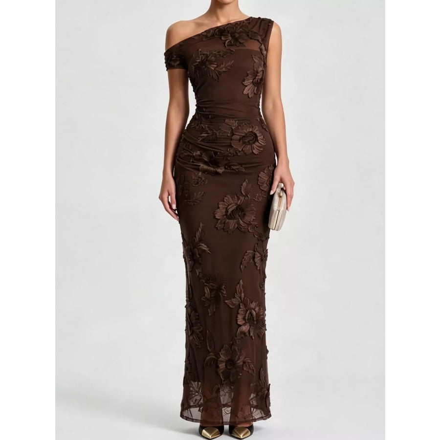 One-Shoulder Floral Embroidered Maxi Dress Dark Coffee-Double-Sided Embroidery / S Apparel and Accessories
