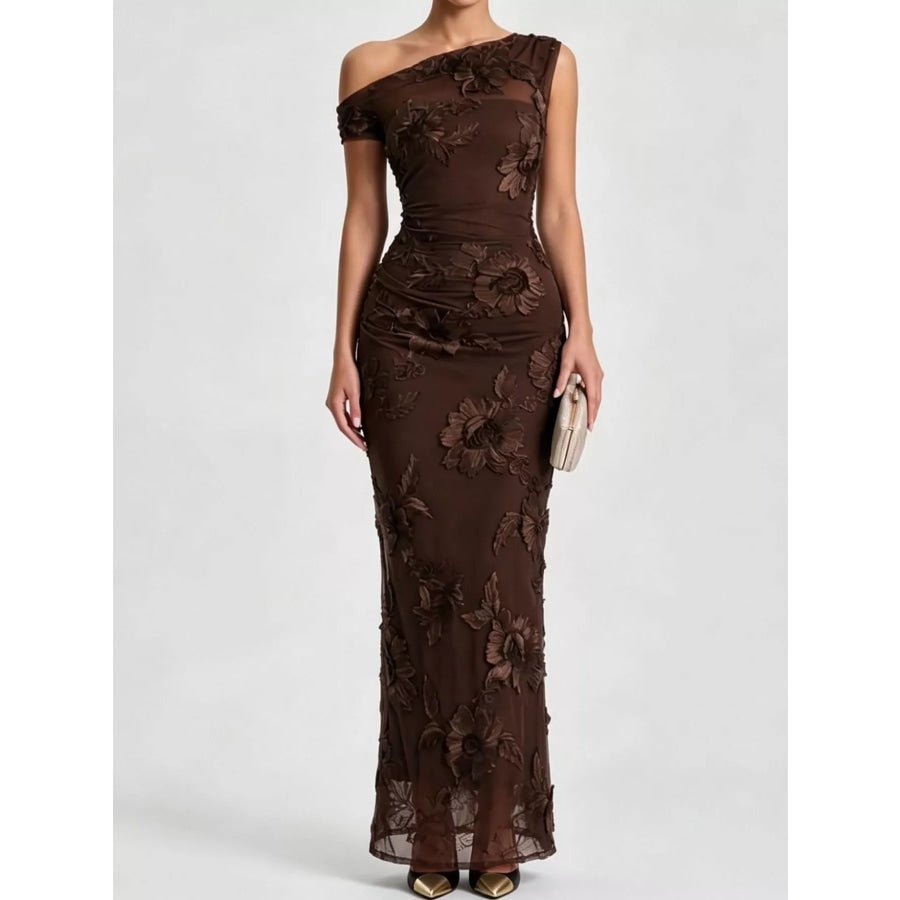 One-Shoulder Floral Embroidered Maxi Dress Dark Coffee / S Apparel and Accessories