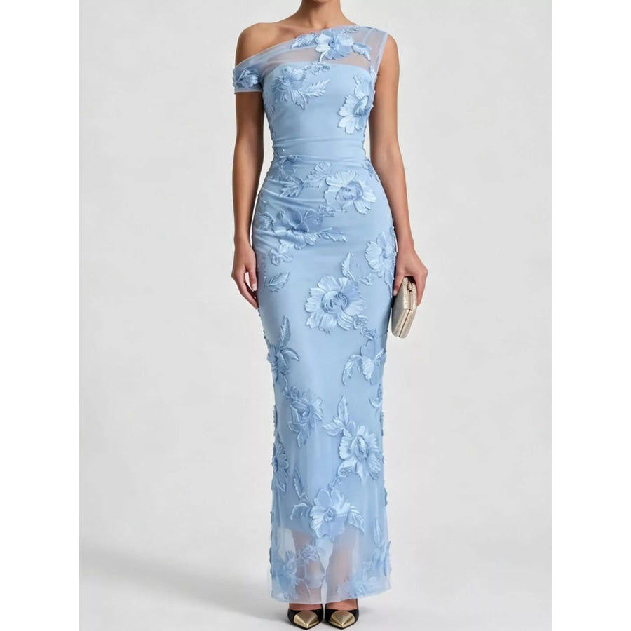 One-Shoulder Floral Embroidered Maxi Dress Sky Blue-Double-Sided Embroidery / S Apparel and Accessories